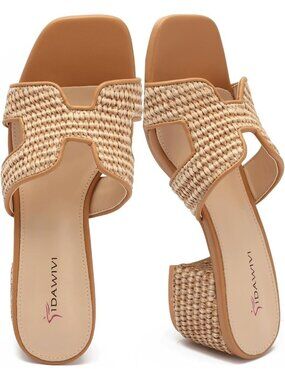Women's Brown Square Open Low Block Chunky Heels Slip On Slides Sandals